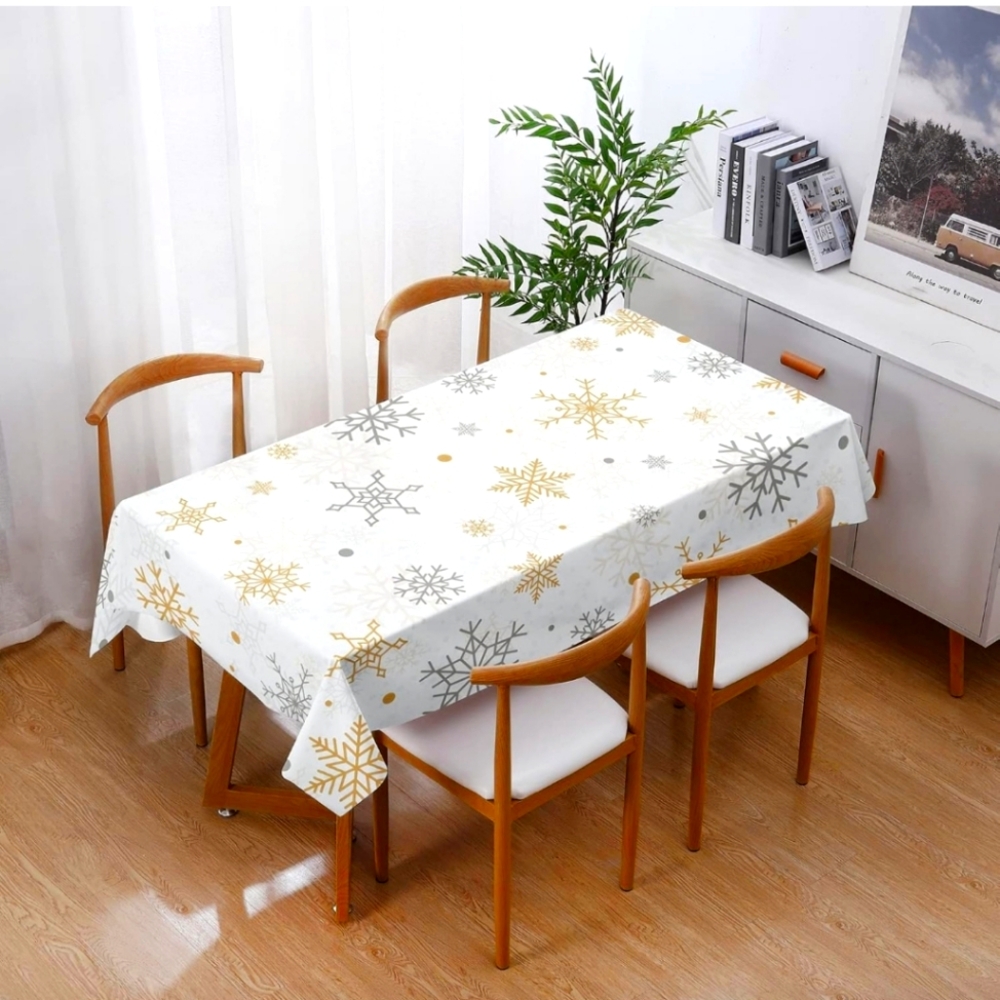 Christmas Tablecloth Winter Gold&Silver Grey Snowflakes Rectangle 60X84